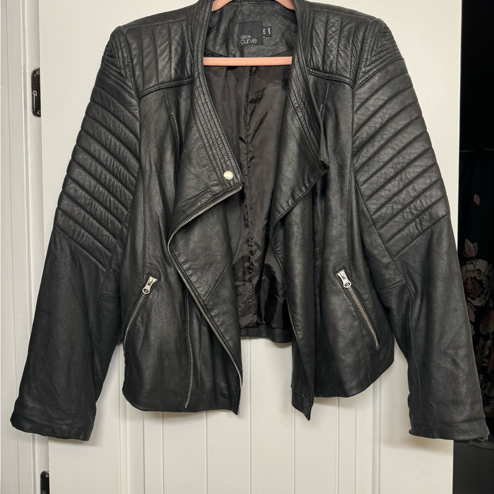 ASOS Curve Real leather cropped leather moto jacket. Size 16
